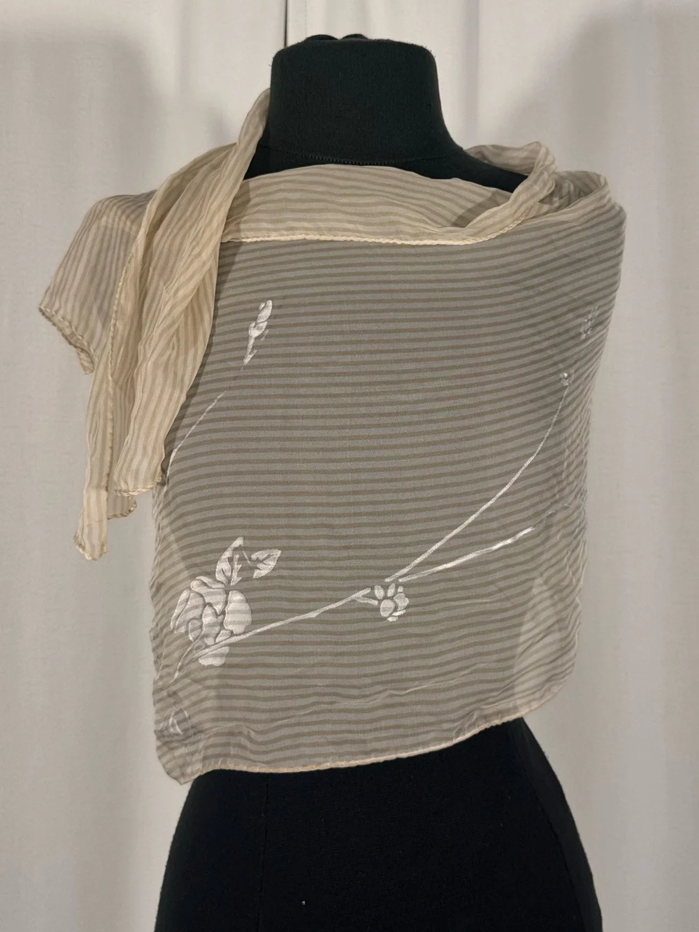 Vintage Worth Silk Blend Ivory Stripe Floral Scarf